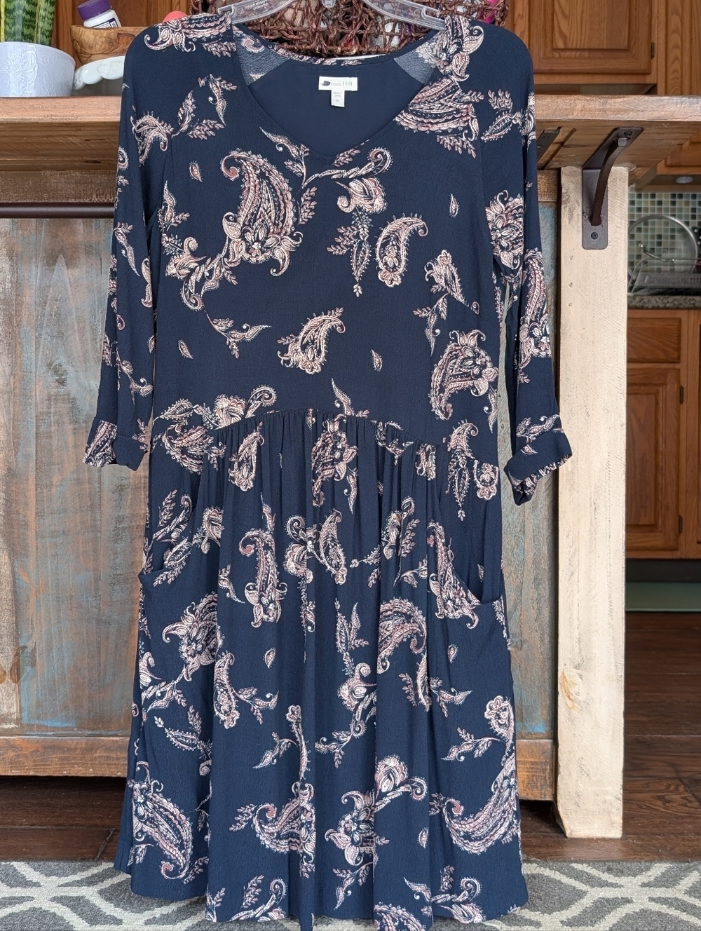 Garnet Hill Navy w/ Paisley Print 3/4 Sleeve Boho Dress w/ Pockets - Women's 4 - Picture 2 of 7
